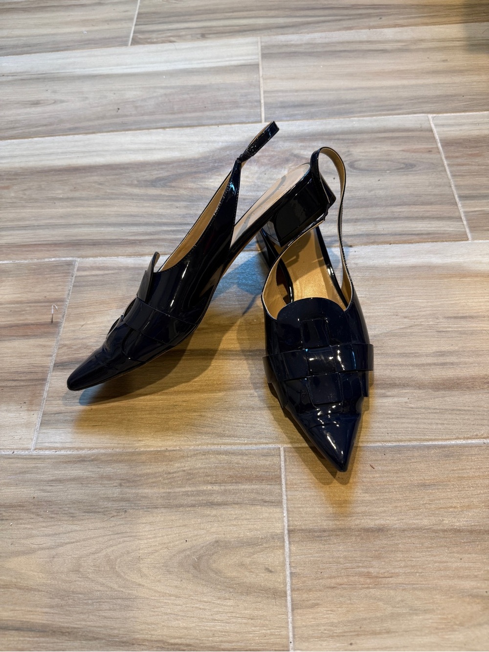 M. Gemi Patent Pointed Slingback Woven Mules in Navy